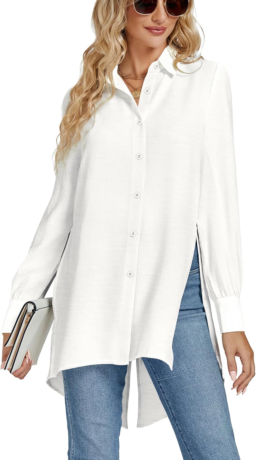 LYANER Women's V Neck Split Hem Button Down Long Sleeve Blouse