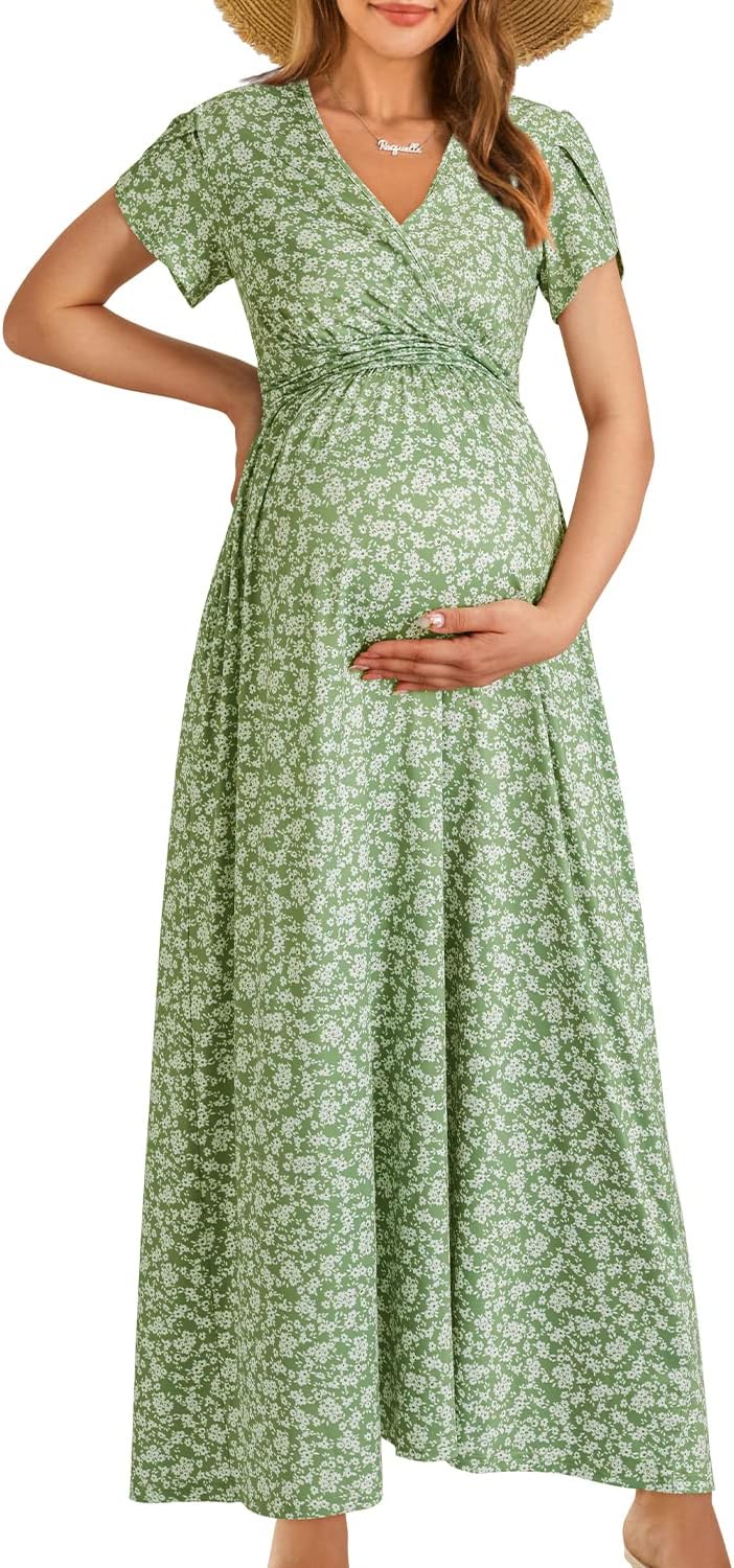 OUGES Maternity Maxi Dress Wrap V Neck for Baby Shower Events