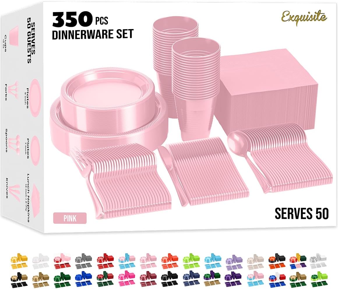 350 Pcs Pink Plastic Plates Set for Parties and Gatherings