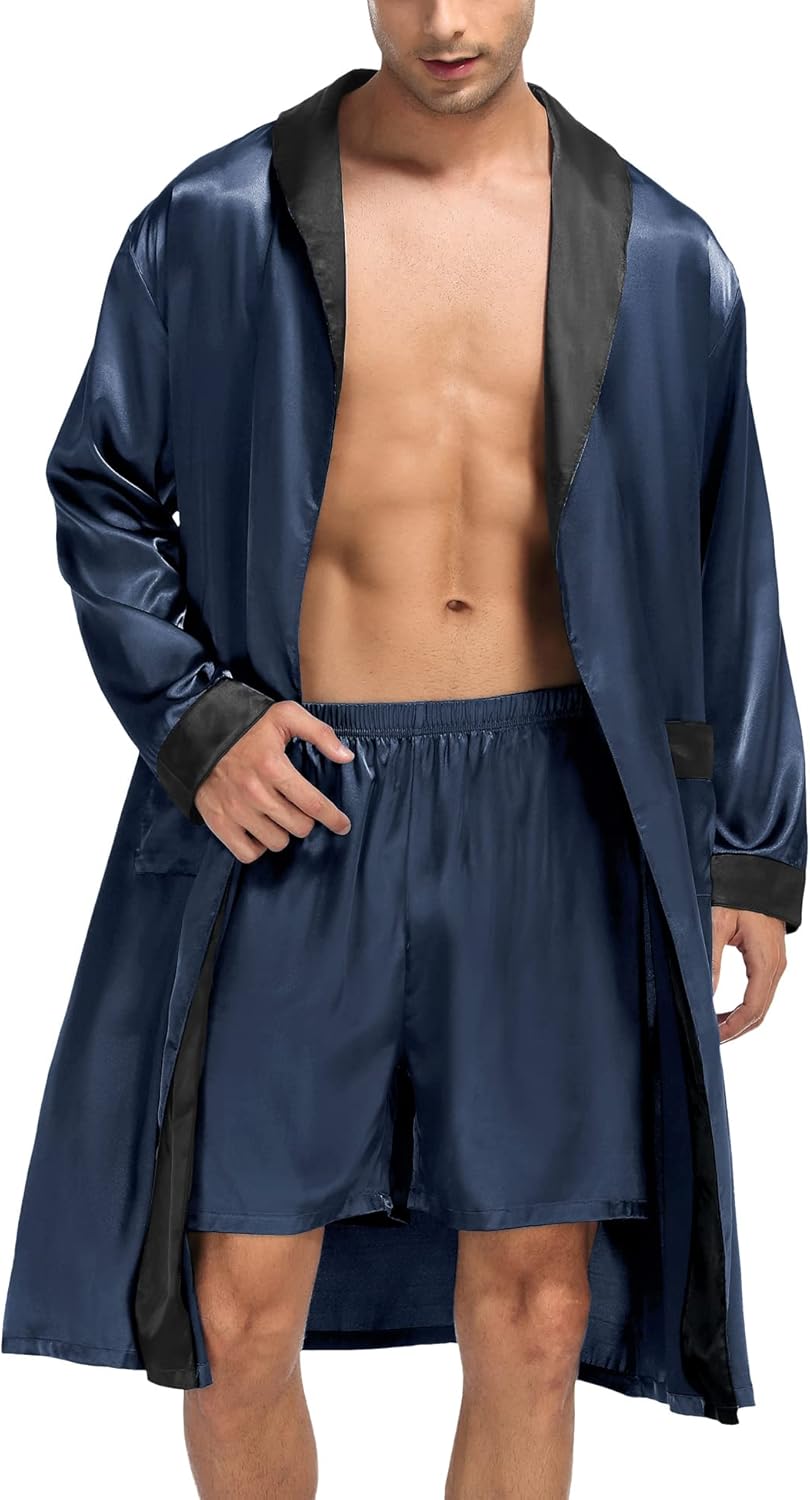 SWOMOG Men's Satin Robe with Shorts Set for Ultimate Comfort