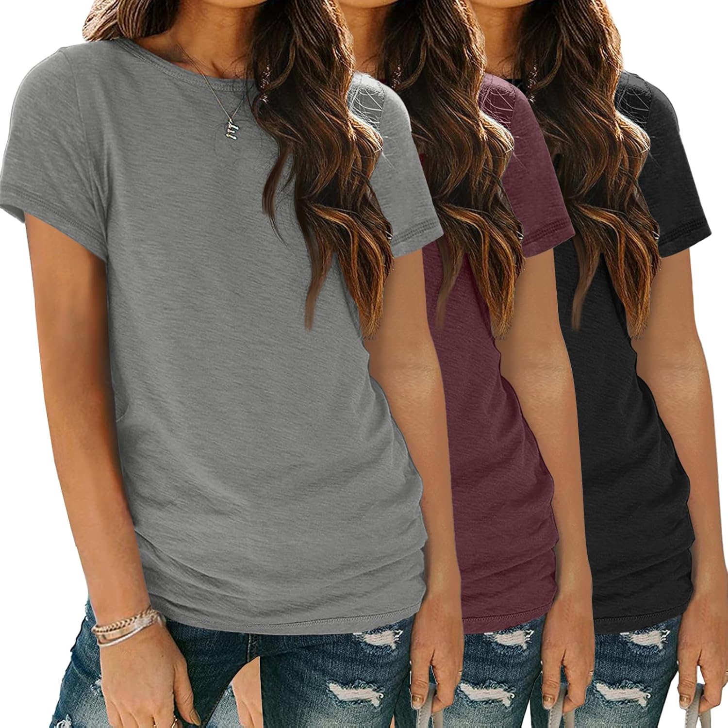 Womens 3 Pack T-Shirts Short Sleeve Summer Tops for Casual Wear