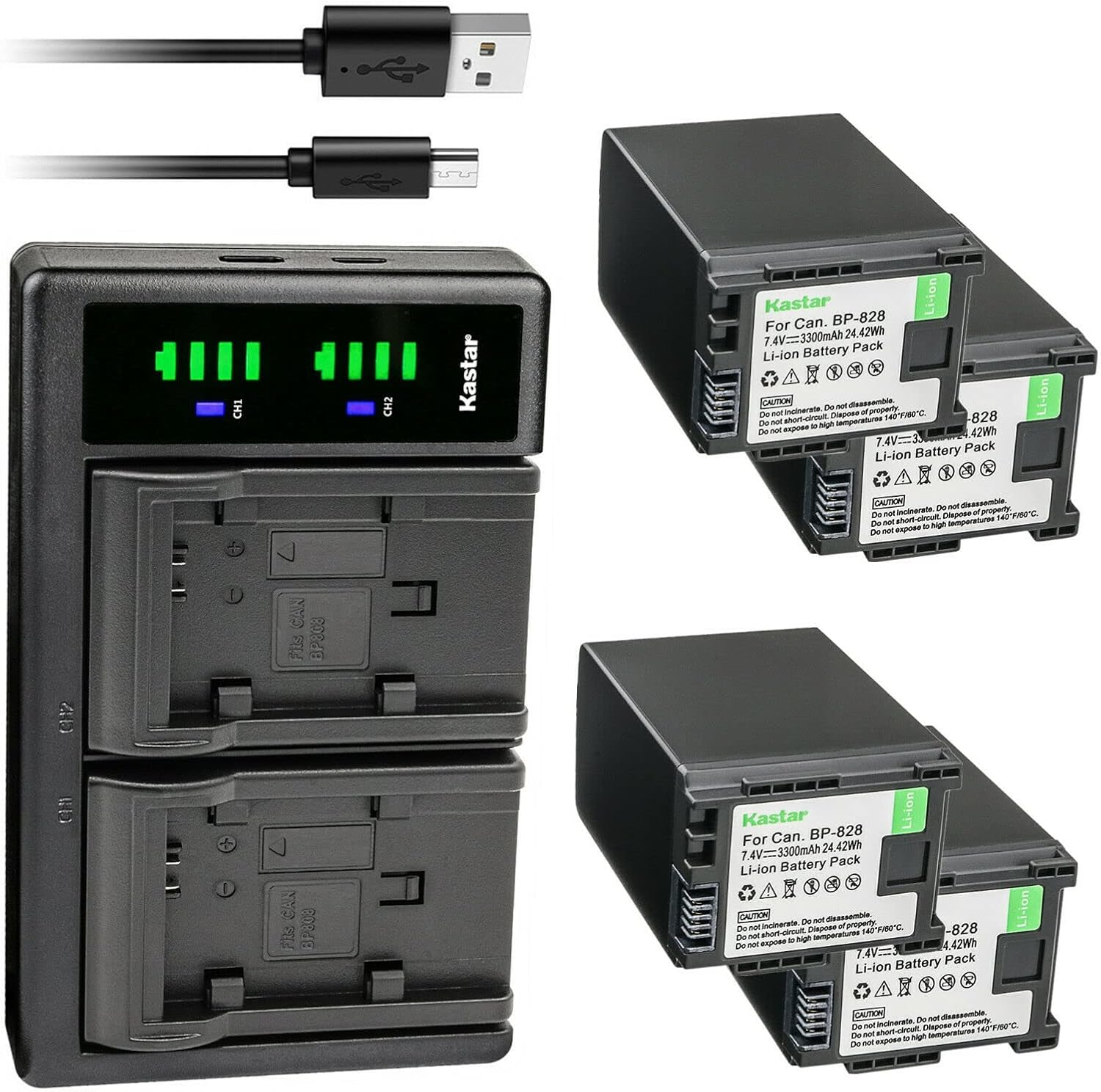 Kastar 4-Pack BP-828 Battery and USB Charger for Canon Cameras