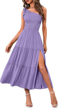 One Shoulder Sleeveless Knot Smocked Midi Dress - Flowy Summer Style