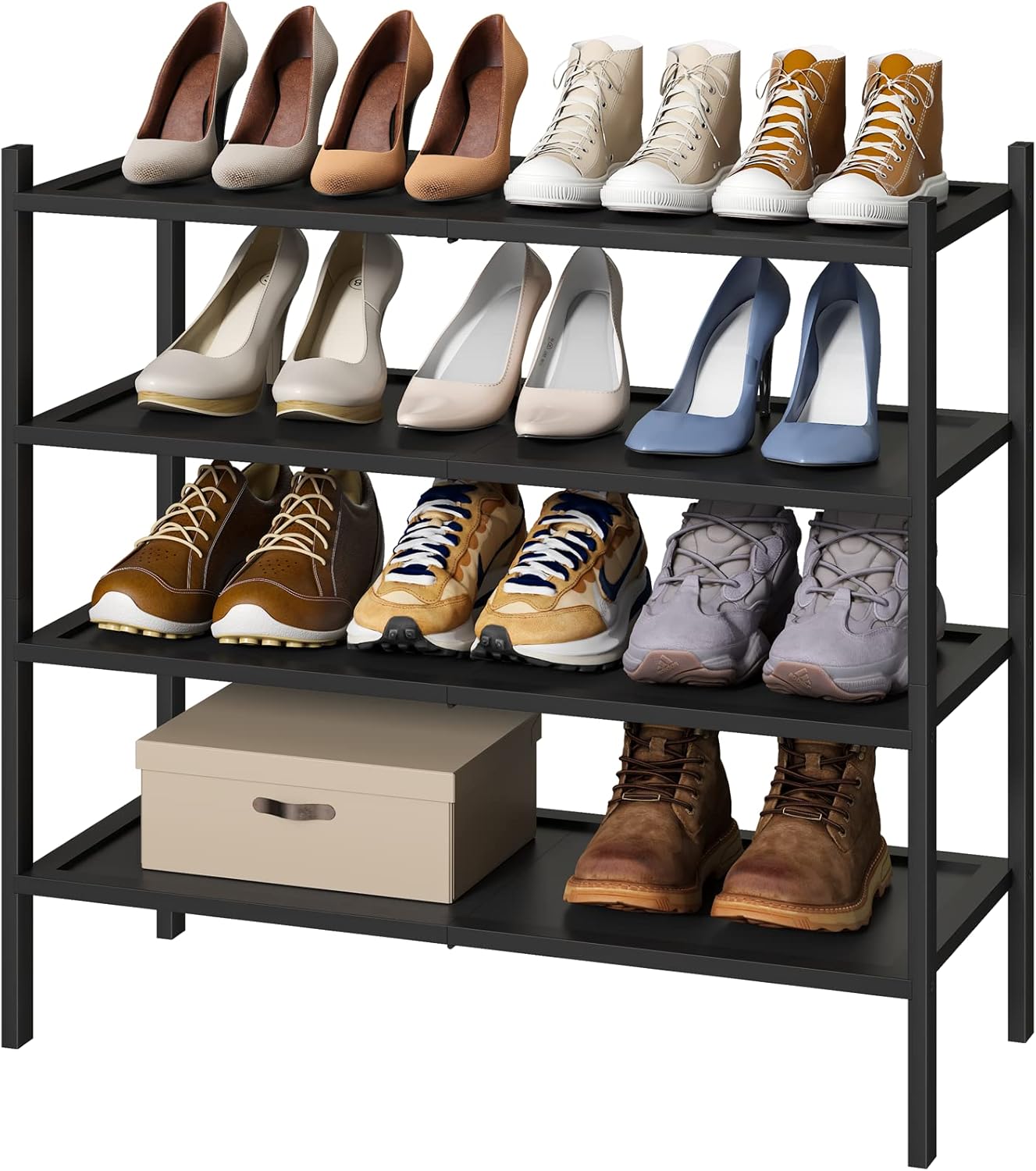 Shoe Rack for Entryway - Black Bamboo 4-Tier Organizer