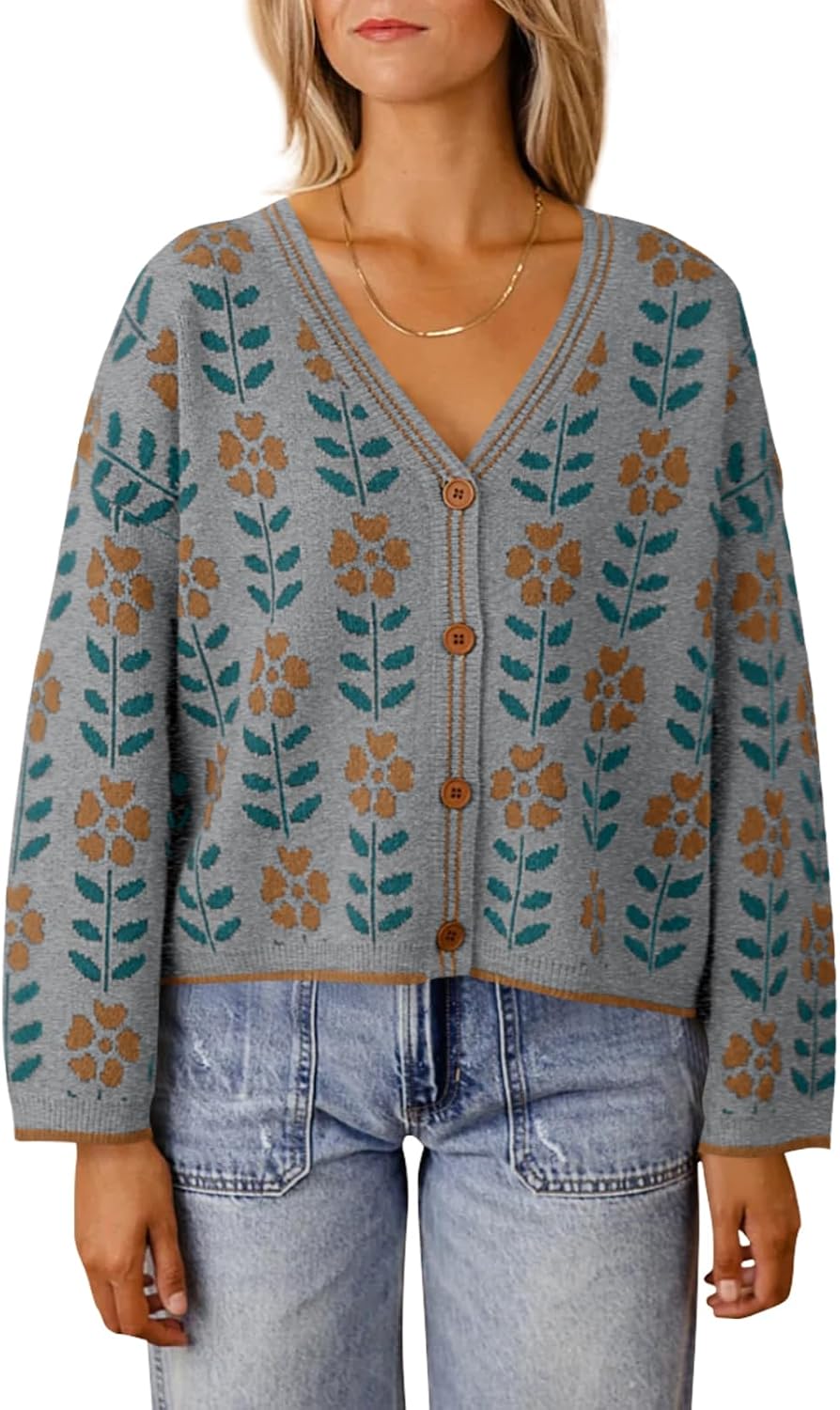 Stylish Floral Print V Neck Cardigan for Women by Saodimallsu