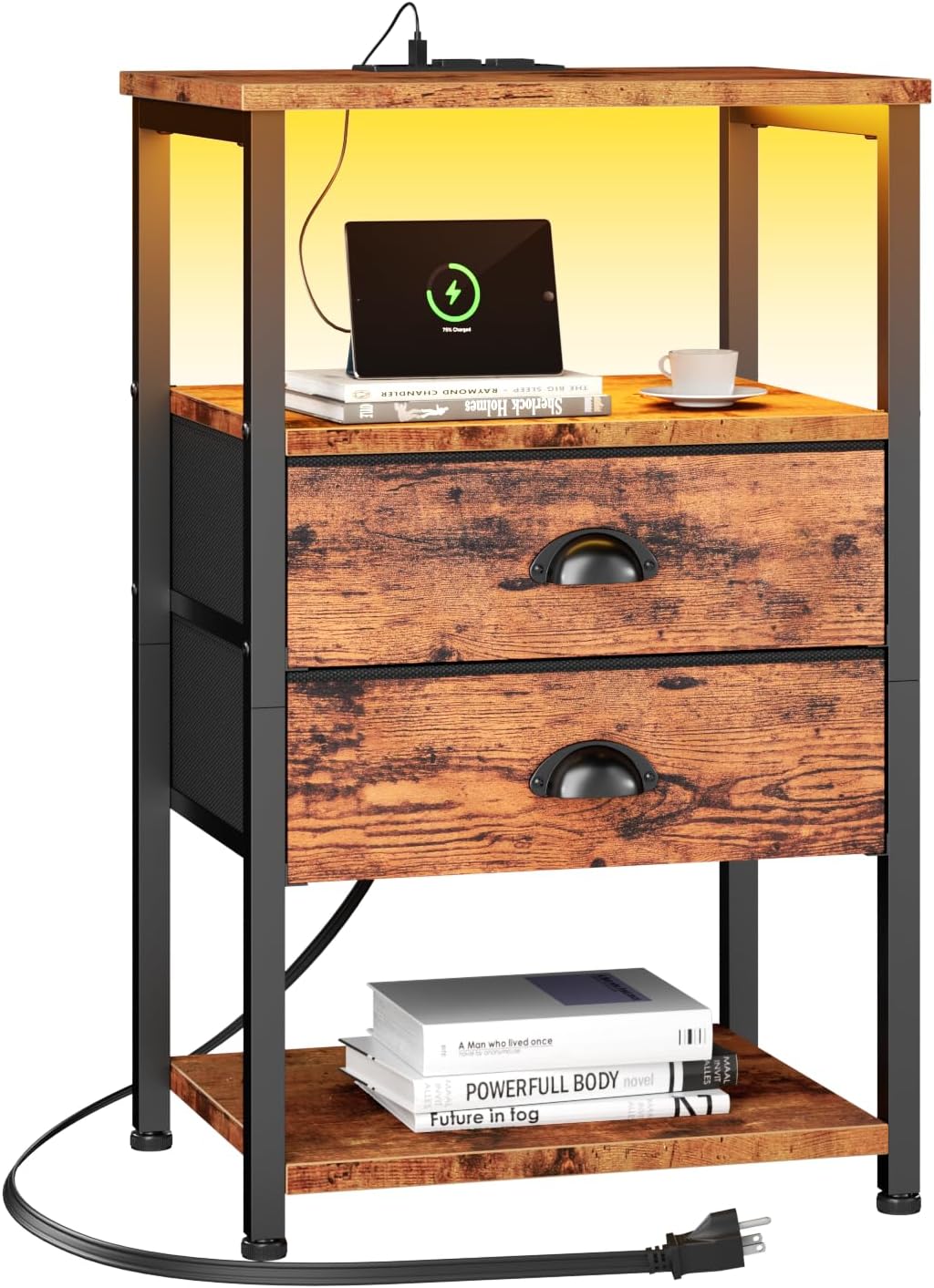 Furologee Nightstand with Charging Station and LED Lights