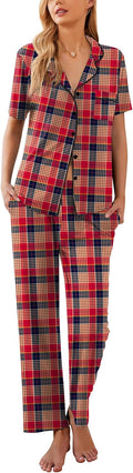 Ekouaer Womens Pajamas Set Plaid PJs Short Sleeve Top and Long Pants