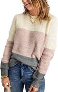 Color Block Crewneck Sweater for Women - Lightweight Layering Pullover