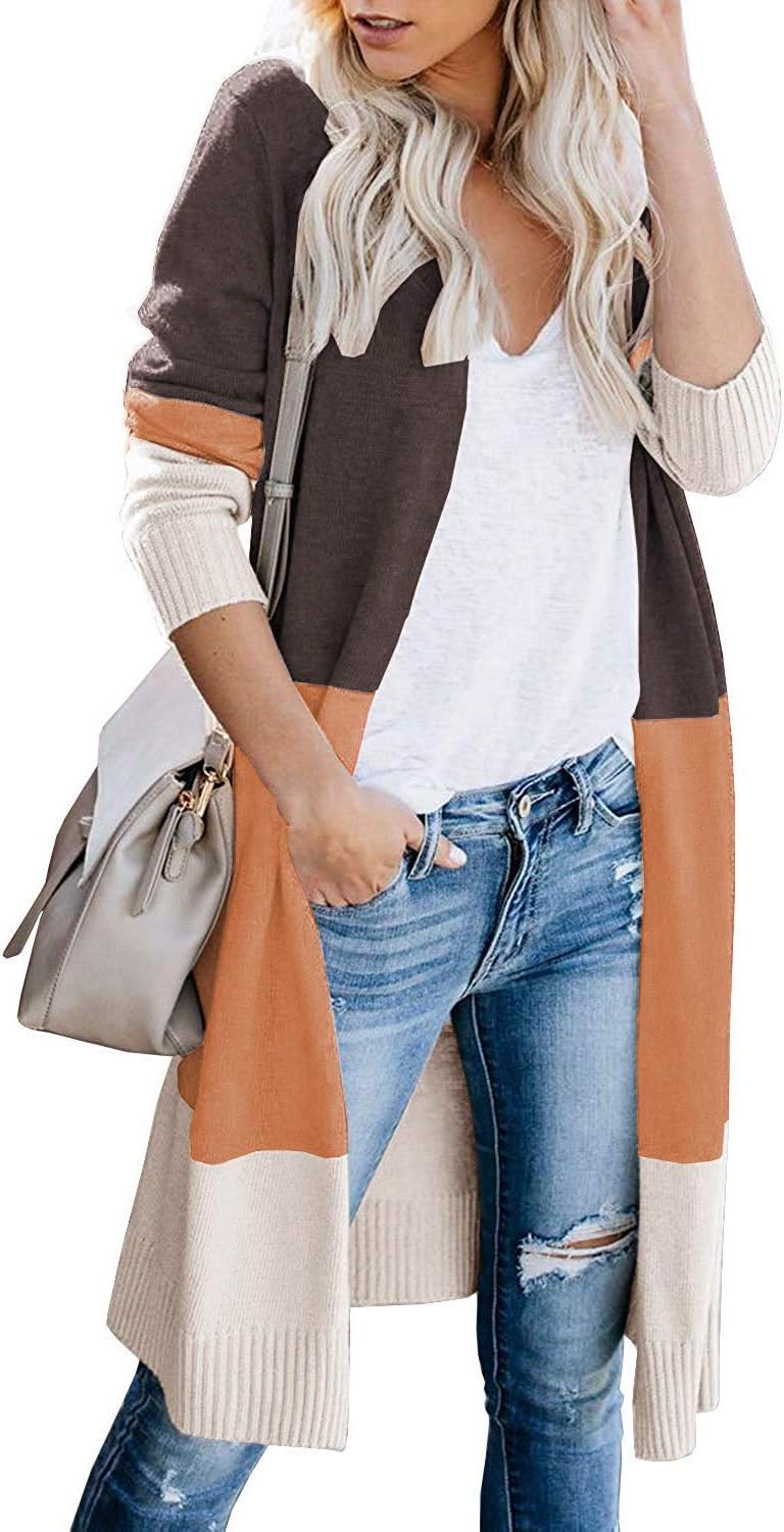 CARDYDONY Women's Long Cardigan Open Front Color Block Sweater