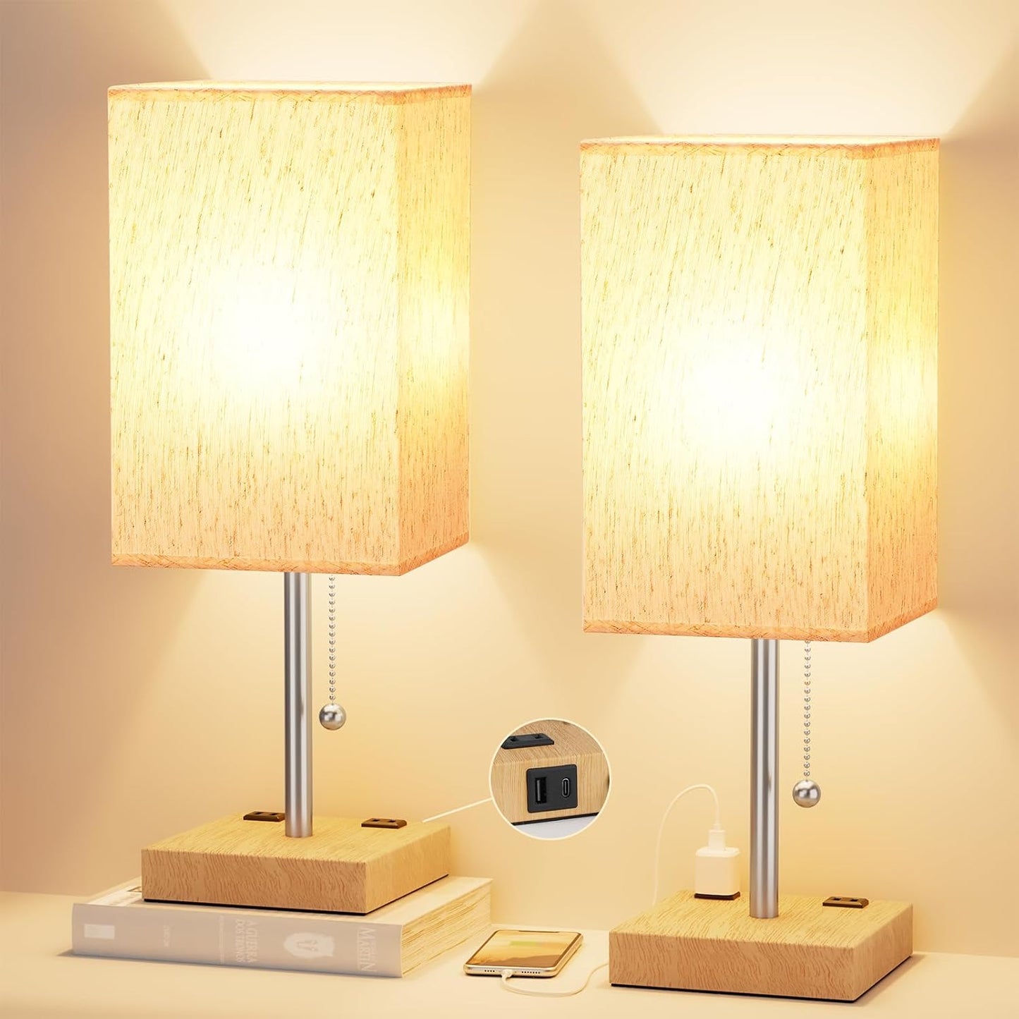 Minimalist Cream Bedroom Table Lamps Set of 2 for Nightstand