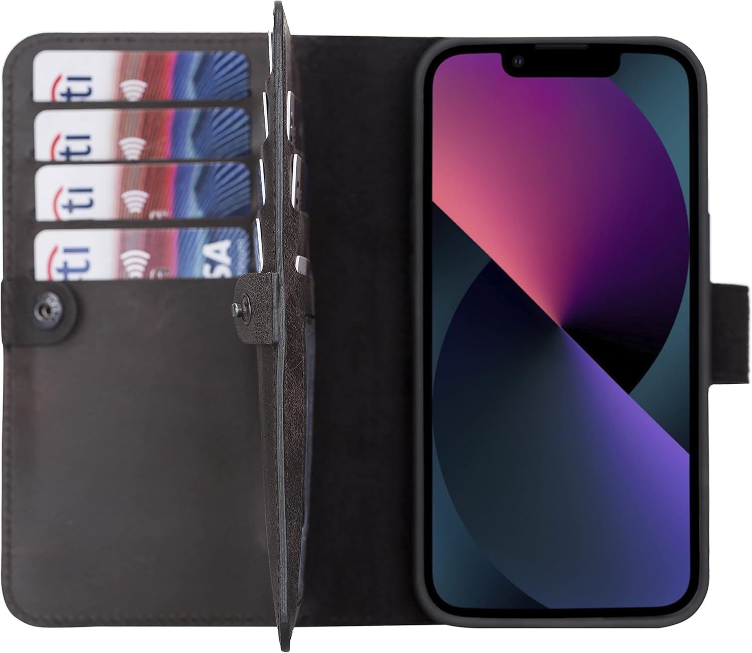 Genuine Premium Leather Handmade Wallet Case for iPhone 13 Mini