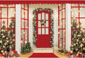 10x8ft Christmas Party Backdrop Fabric Red Door Mistletoe Wreaths