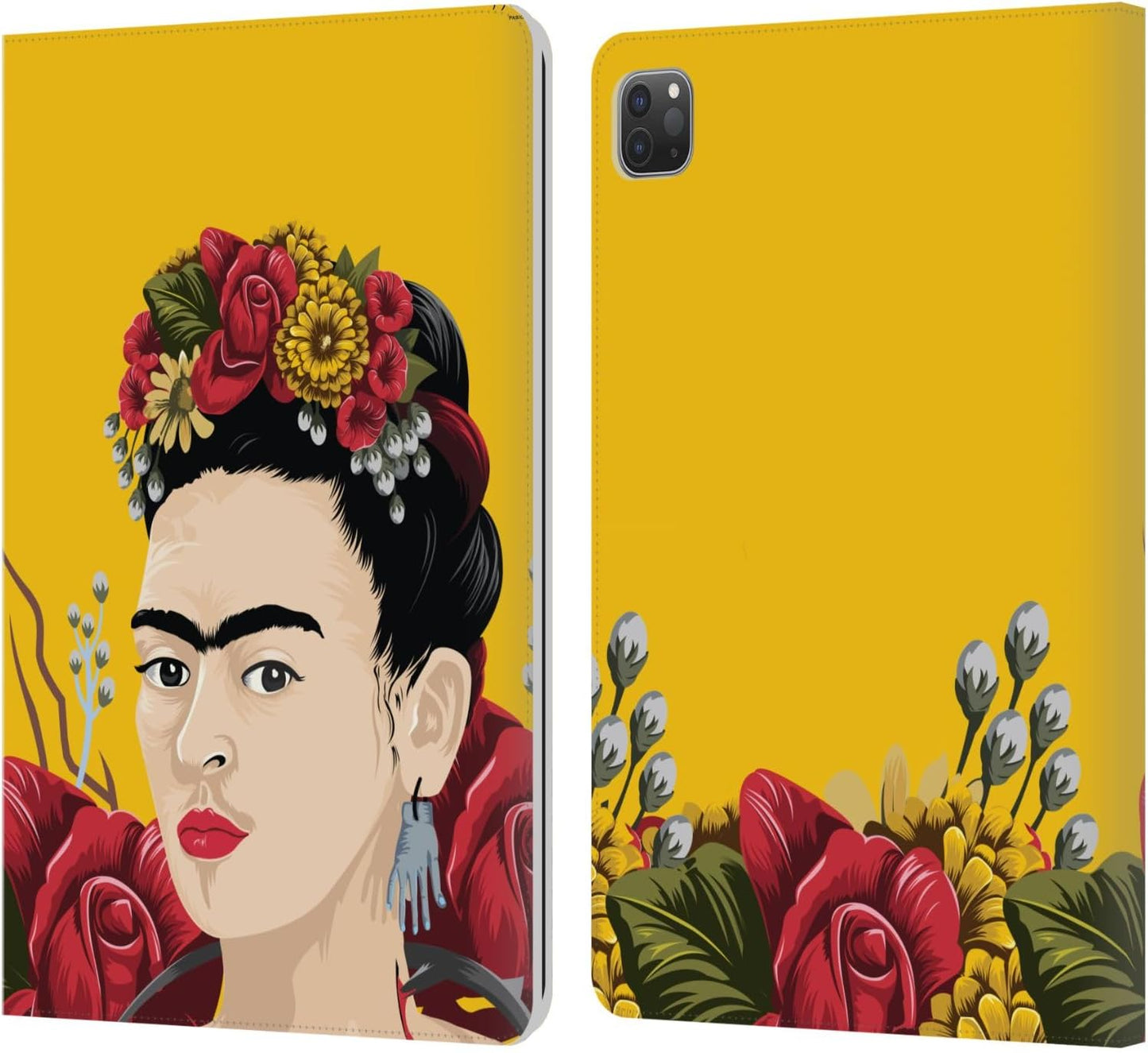 Frida Kahlo Portrait Red Florals Leather Wallet Case for iPad Pro