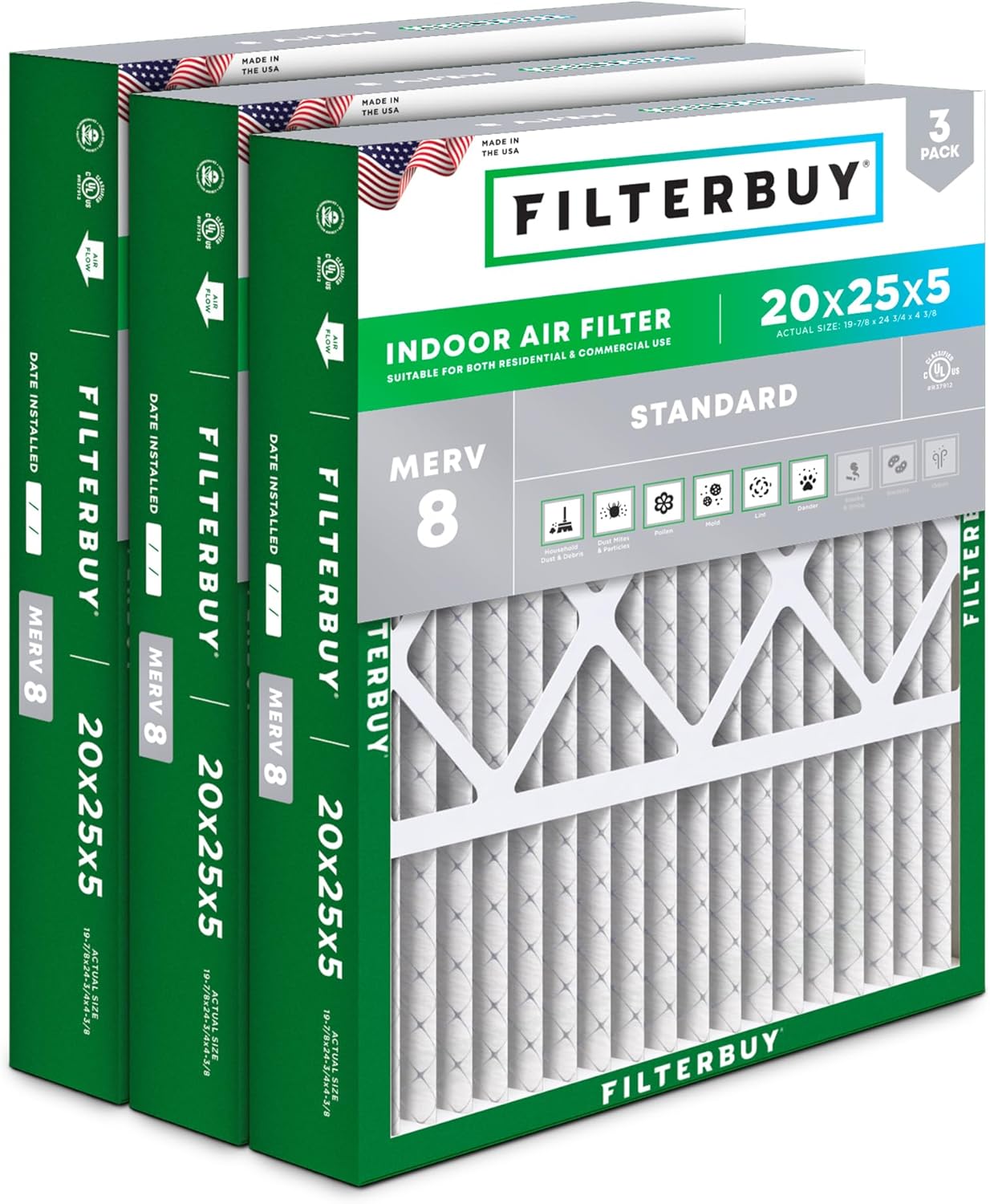 Filterbuy 20x25x5 Air Filter MERV 8 for Dust & Allergy Defense