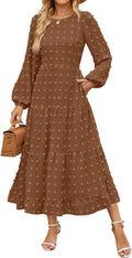 Women's Fall Long Sleeve Swiss Dot Maxi Dress - Tiered A-Line