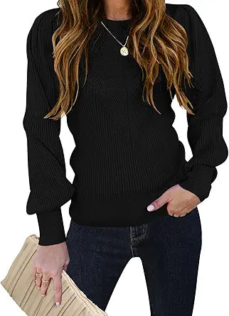 TECREW Women's Puff Sleeve Crew Neck Pullover Sweater for Style