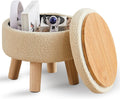 Off-White Round Storage Ottoman - Teddy Velvet Footrest with Wood Legs