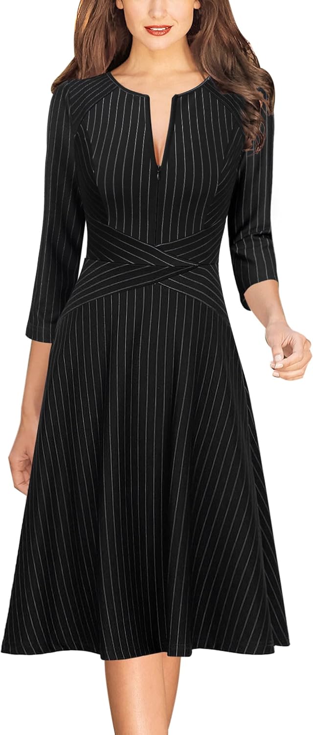 VFSHOW Womens Front Zipper Crisscross Waist A-Line Dress