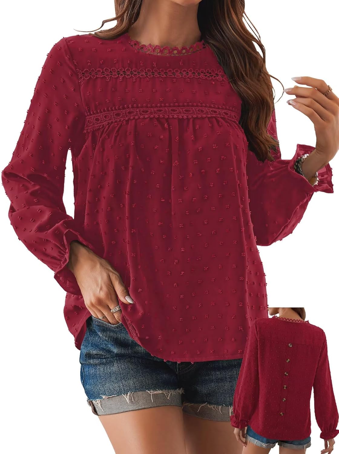 Womens Boho Tops Long Sleeve Shirts Cute Crewneck Blouse 2025
