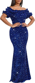 Women Sequin Off Shoulder Ruffle Short Sleeve Bodycon Maxi Dress