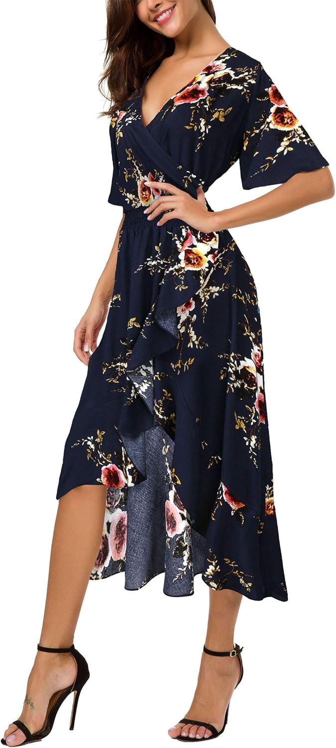 Kormei Womens Floral High Low V-Neck Maxi Dress for Parties
