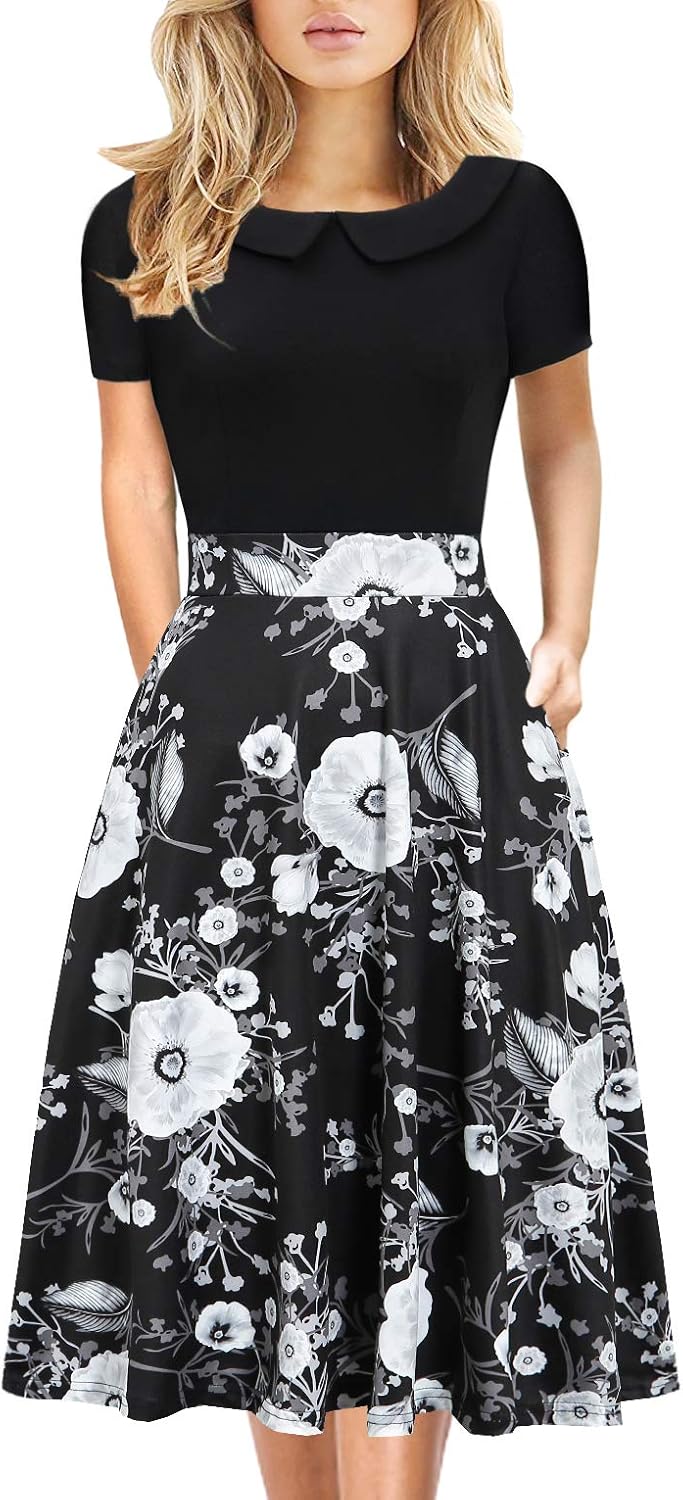 Elegant Vintage Floral Print A-Line Dress with Pockets