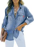 Women's Denim Top Long Sleeve Jean Shirt Button Down - Relaxed Fit