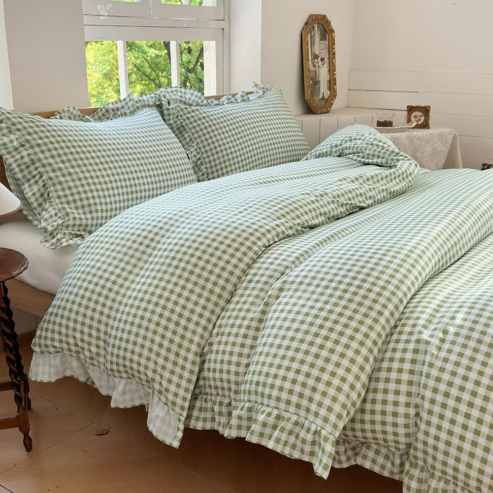 Sage Green Gingham Ruffle Duvet Cover Twin Size Set for Cozy Rooms