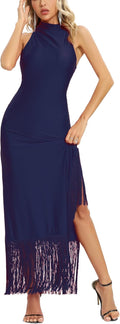 Women Vintage Flapper Halter Fringed Maxi Dress - Gatsby Style