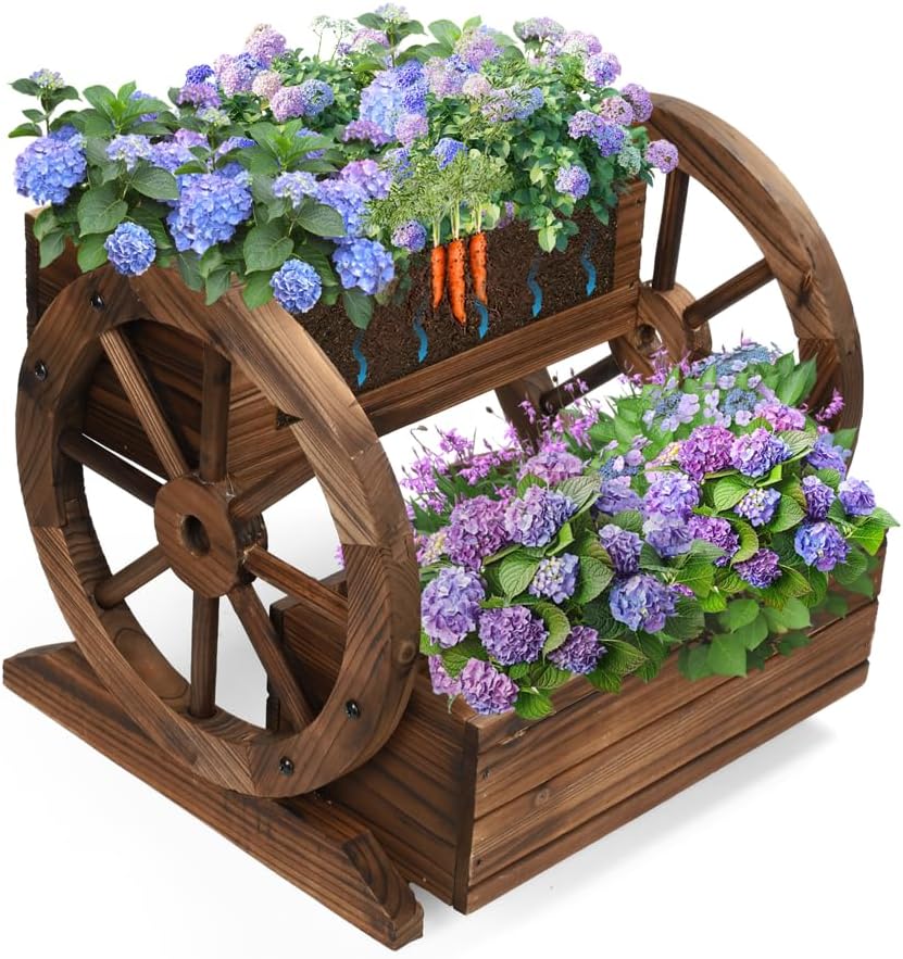 Wooden Wagon Planter Box with Wheels for Indoor & Outdoor Use