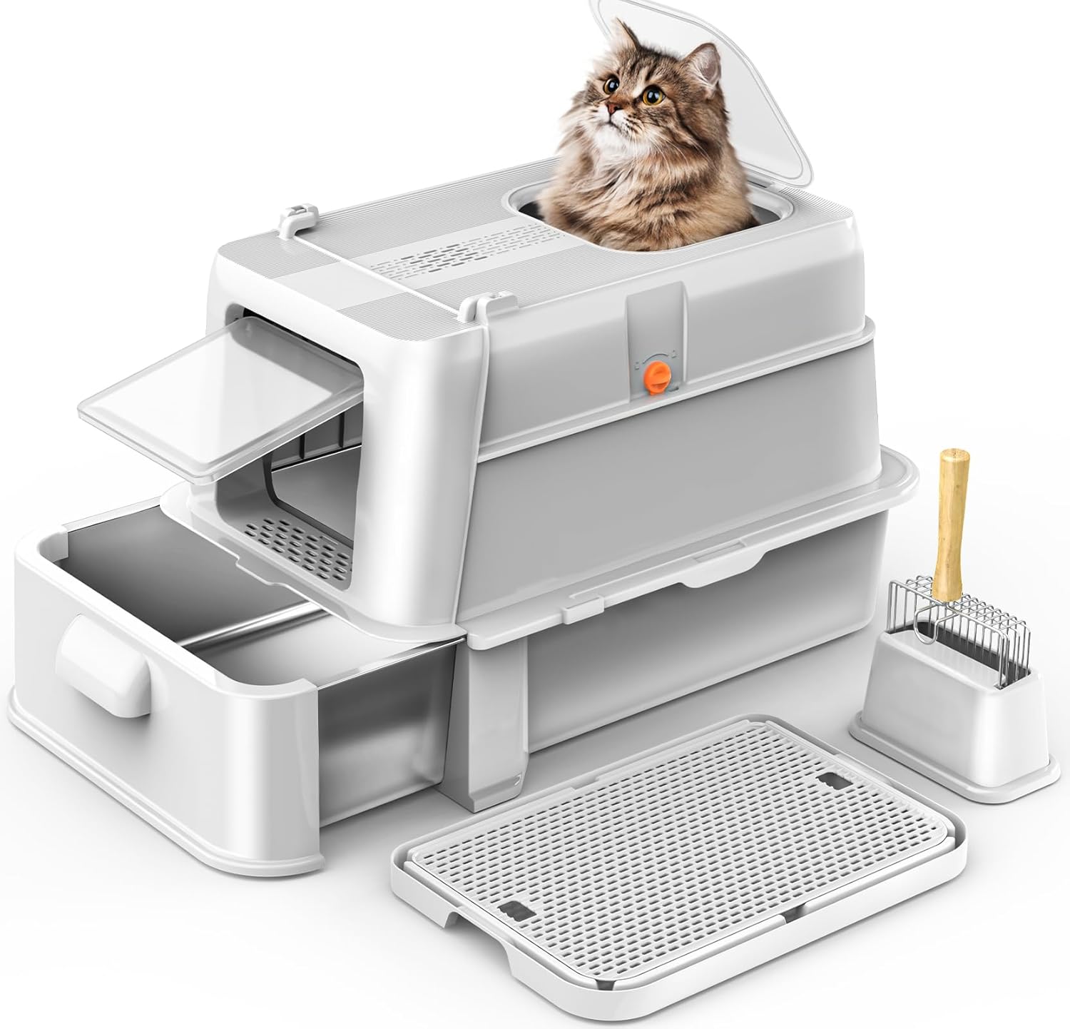 Enclosed Stainless Steel Cat Litter Box for Big Cats with Lid
