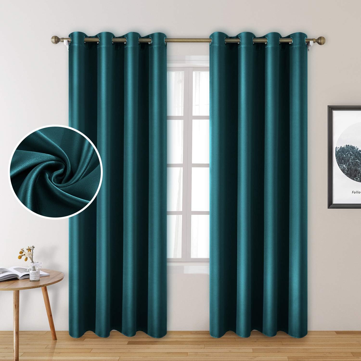 HOMEIDEAS 2 Panels Teal Faux Silk Blackout Curtains for Bedroom