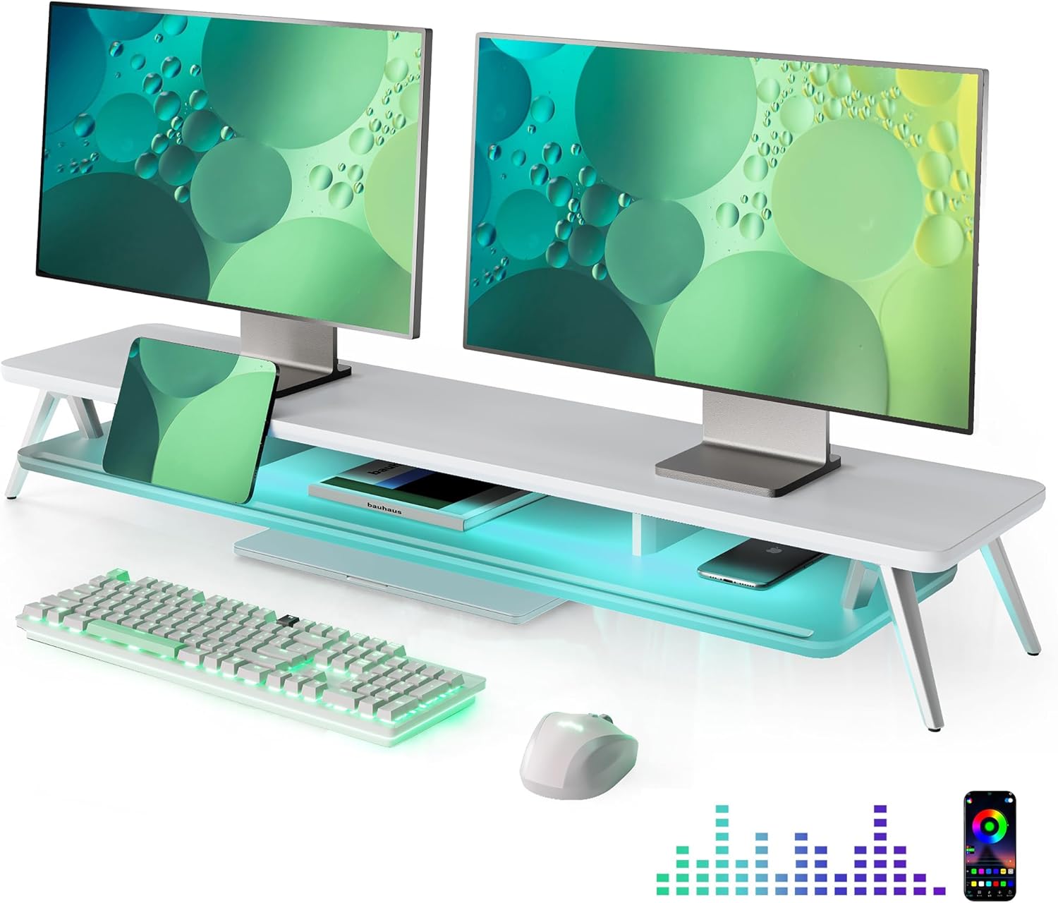 Fenge Dual Monitor Stand with LED Lights and Acrylic Shelf