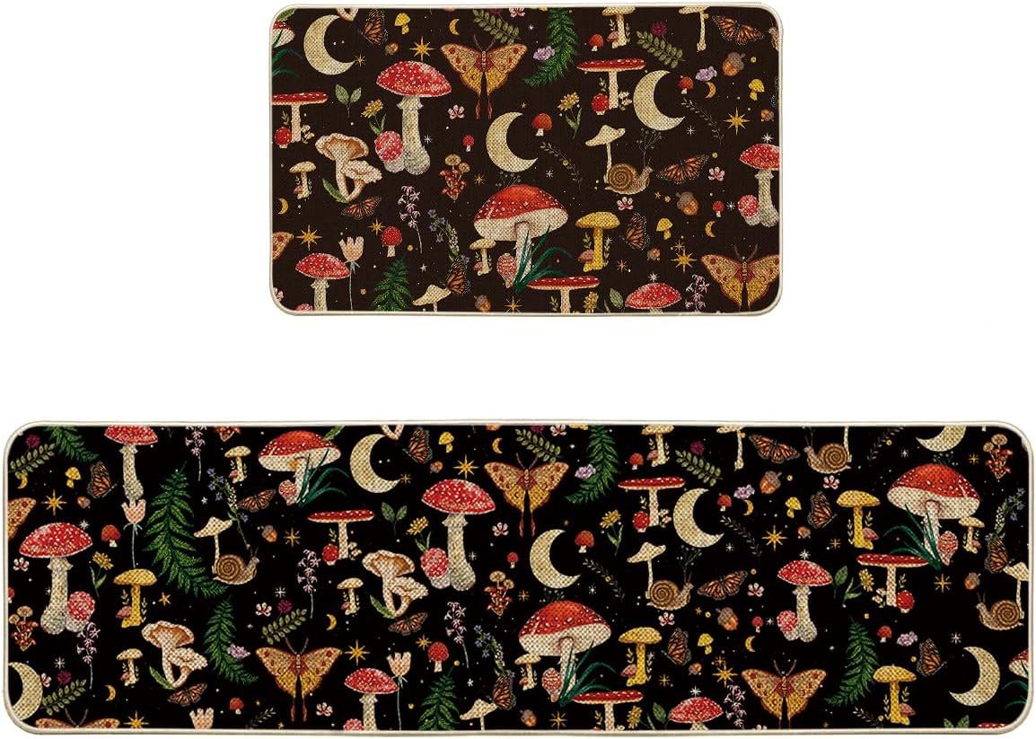 Stylish Black Mushrooms Butterfly Kitchen Mats Set of 2