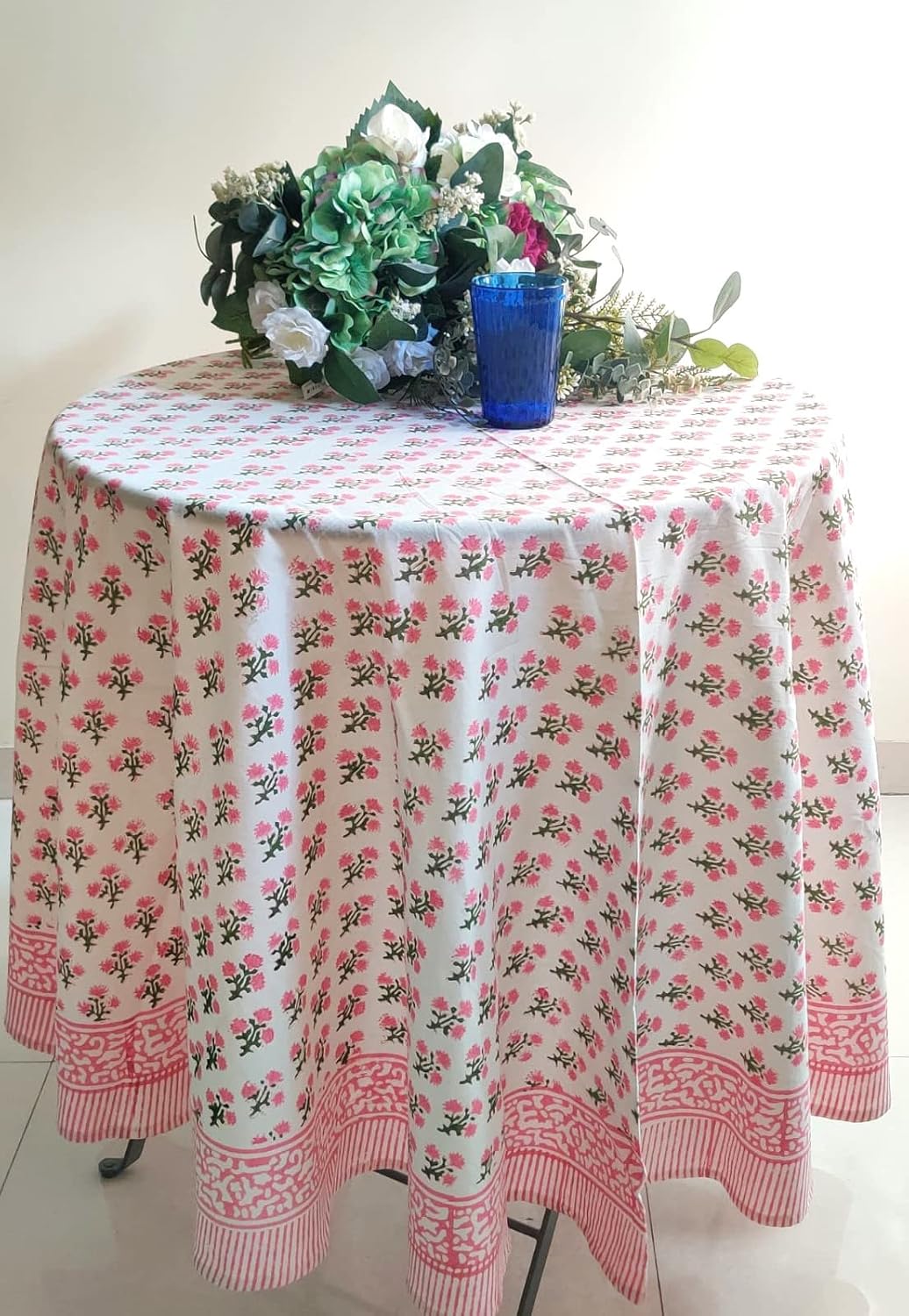 Gulbahar White Pink Cotton Round Tablecloth for Elegant Dining
