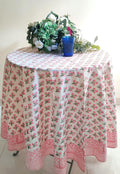 Gulbahar White Pink 100% Cotton 72in Round Tablecloth - Hand Block