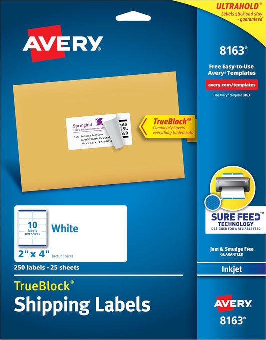 AVERY Sure Feed Printable Shipping Labels - 250 White 2 x 4 Mailing Labels
