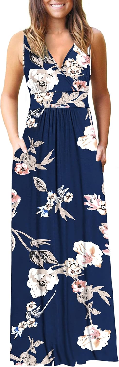 Sleeveless Maxi Dress with Deep V Neck and Pockets for Summer