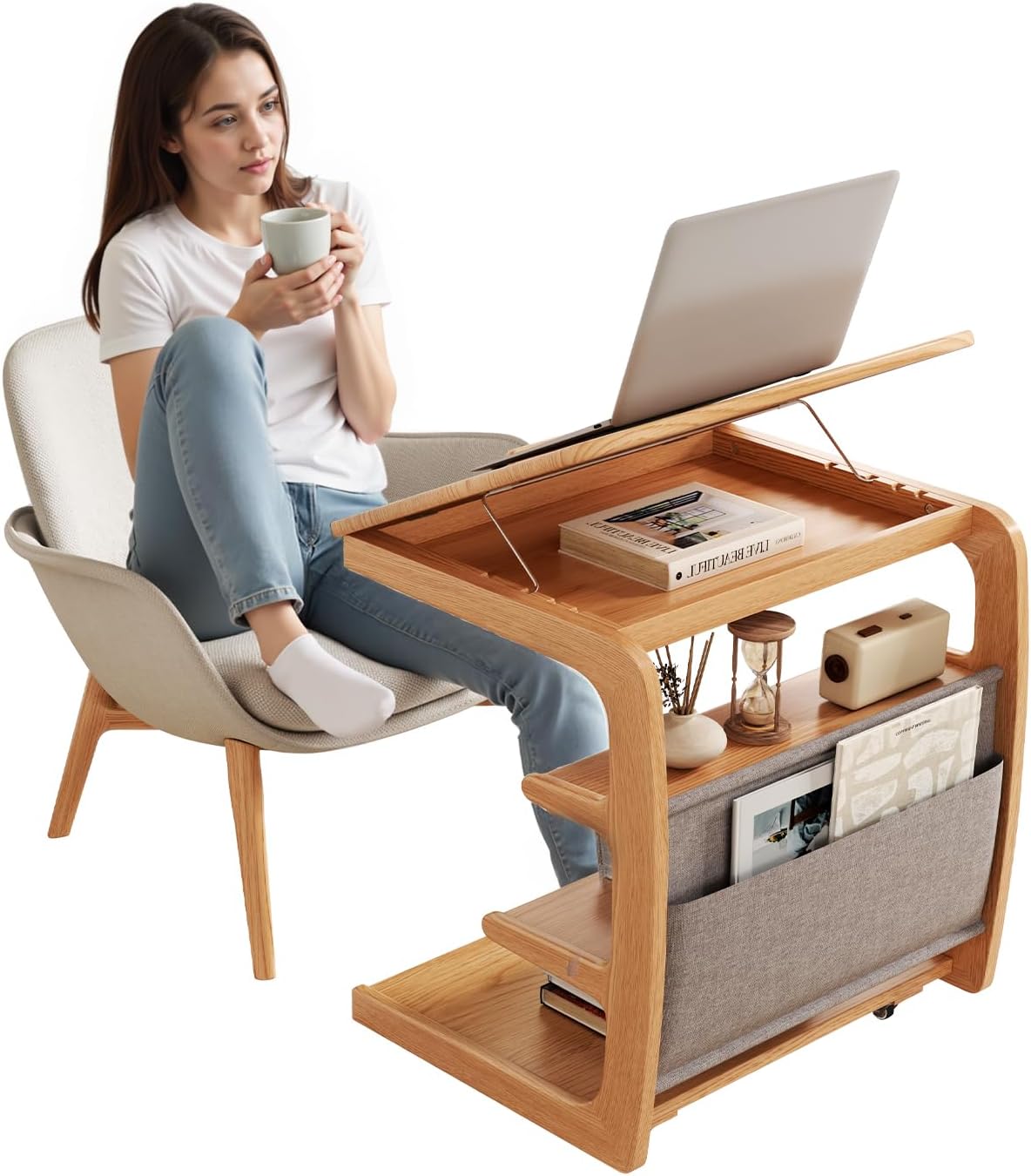 C Shaped Rolling Side Table with Adjustable Desktop for Home