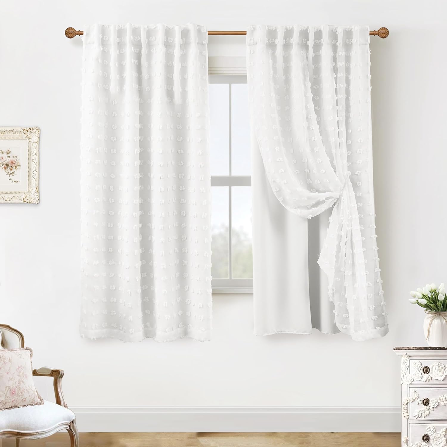 White Sheer Semi Blackout Curtains for Nursery and Bedroom