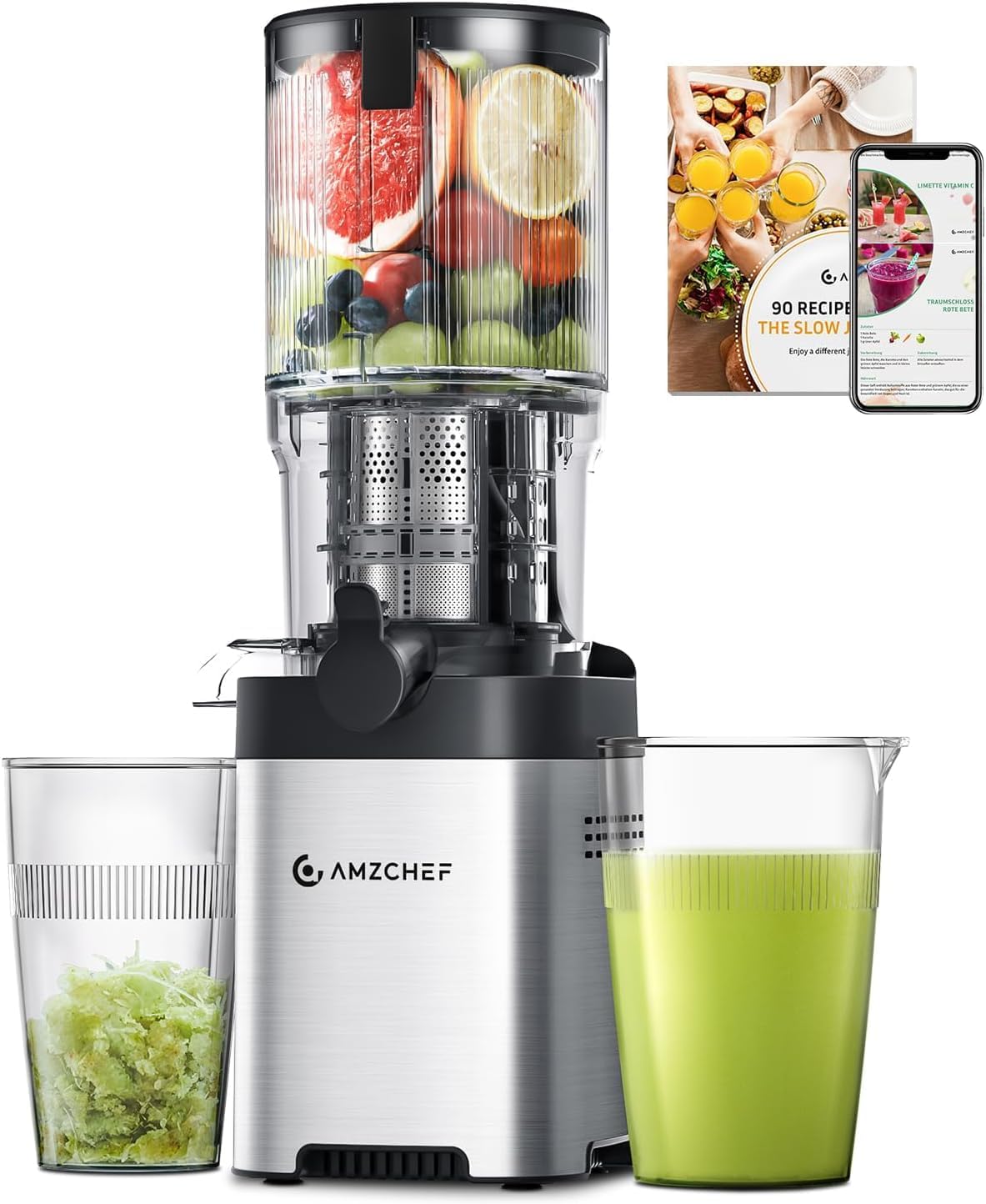 AMZCHEF Cold Press Juicer: Large Feed, Stainless Steel, Easy Clean