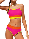 Girls Color-Block Bikini Set with Adjustable Straps - Chest Pad