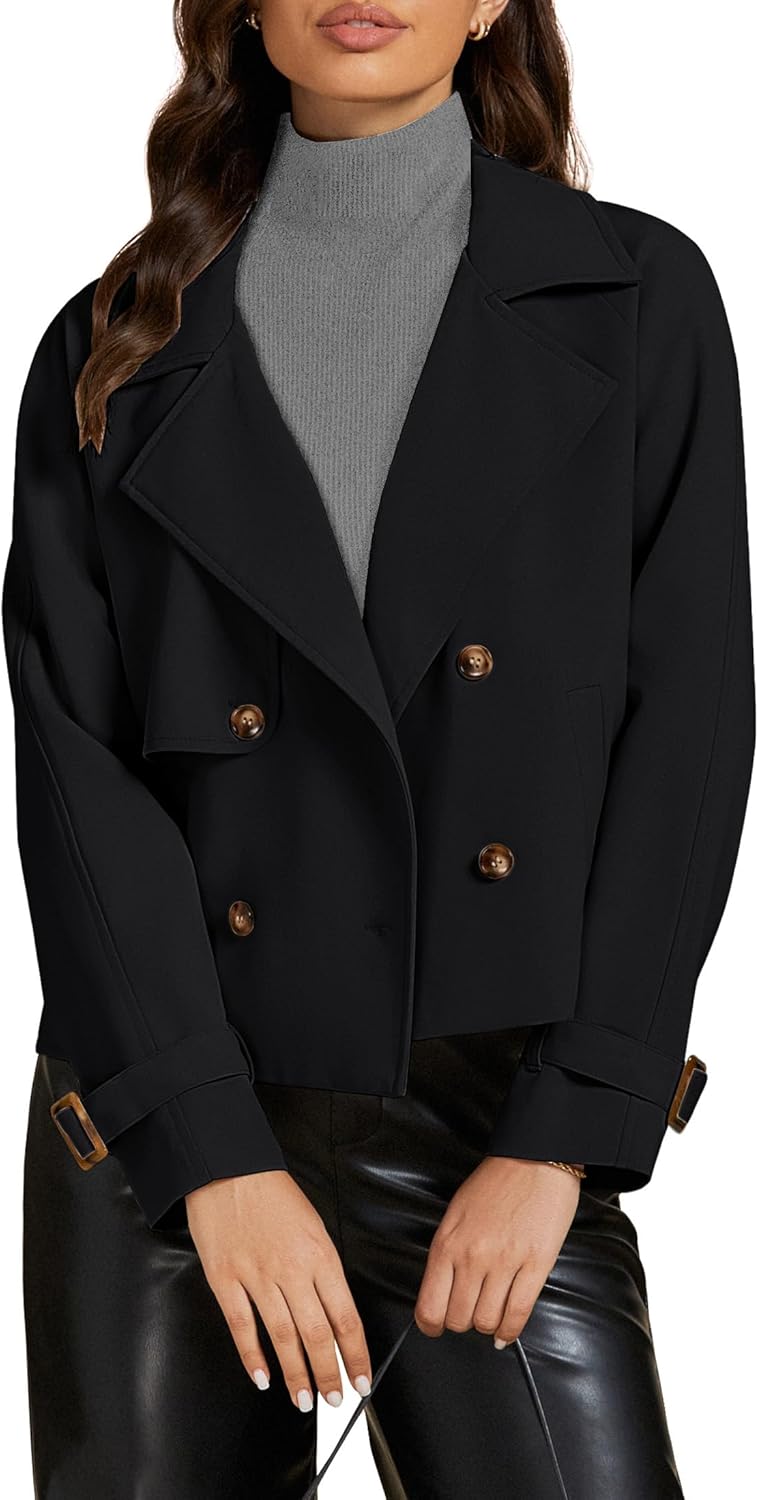 Cropped Trench Coat for Women with Notched Lapel and Pockets