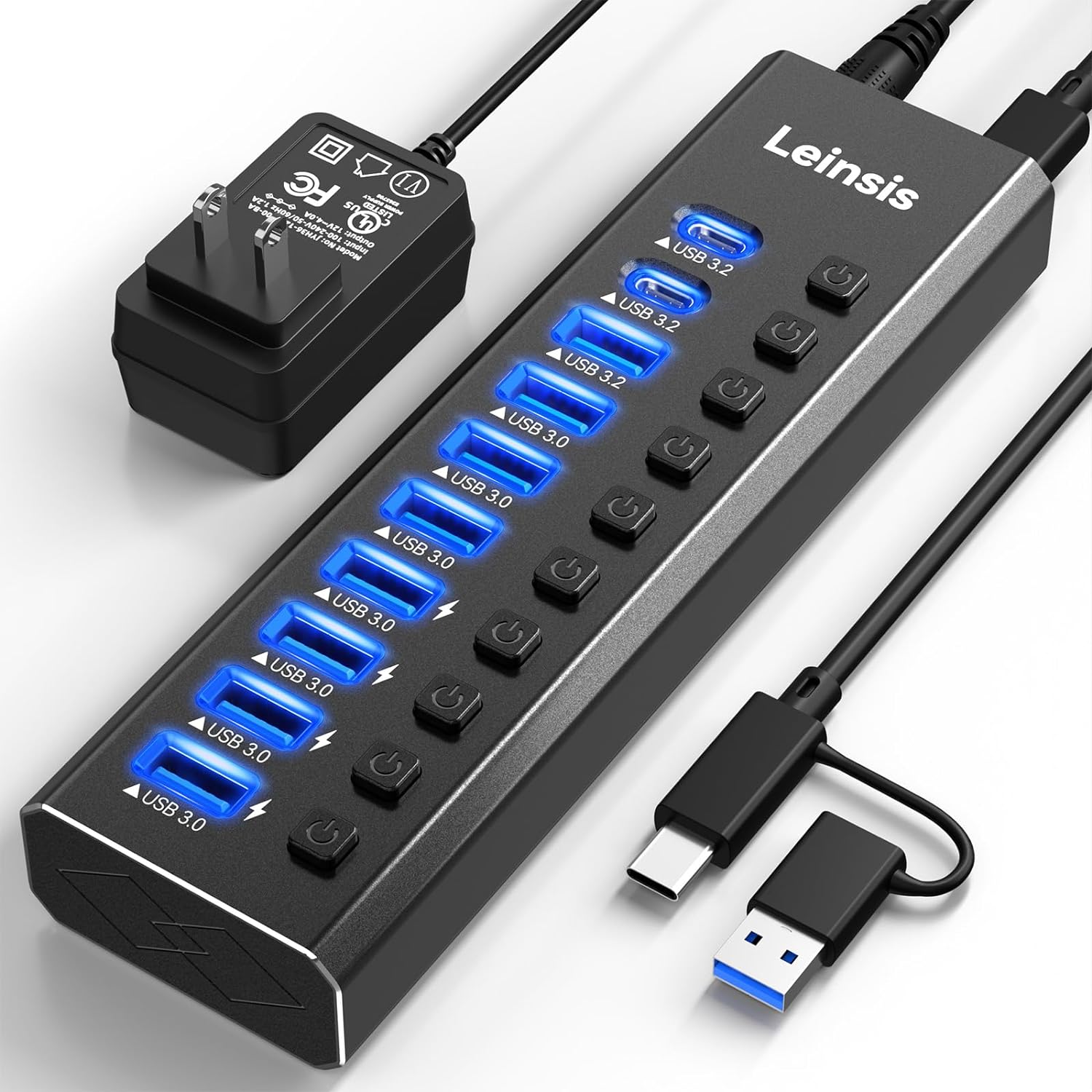 Powered USB Hub 3.2 with 10 Ports and Individual Switches