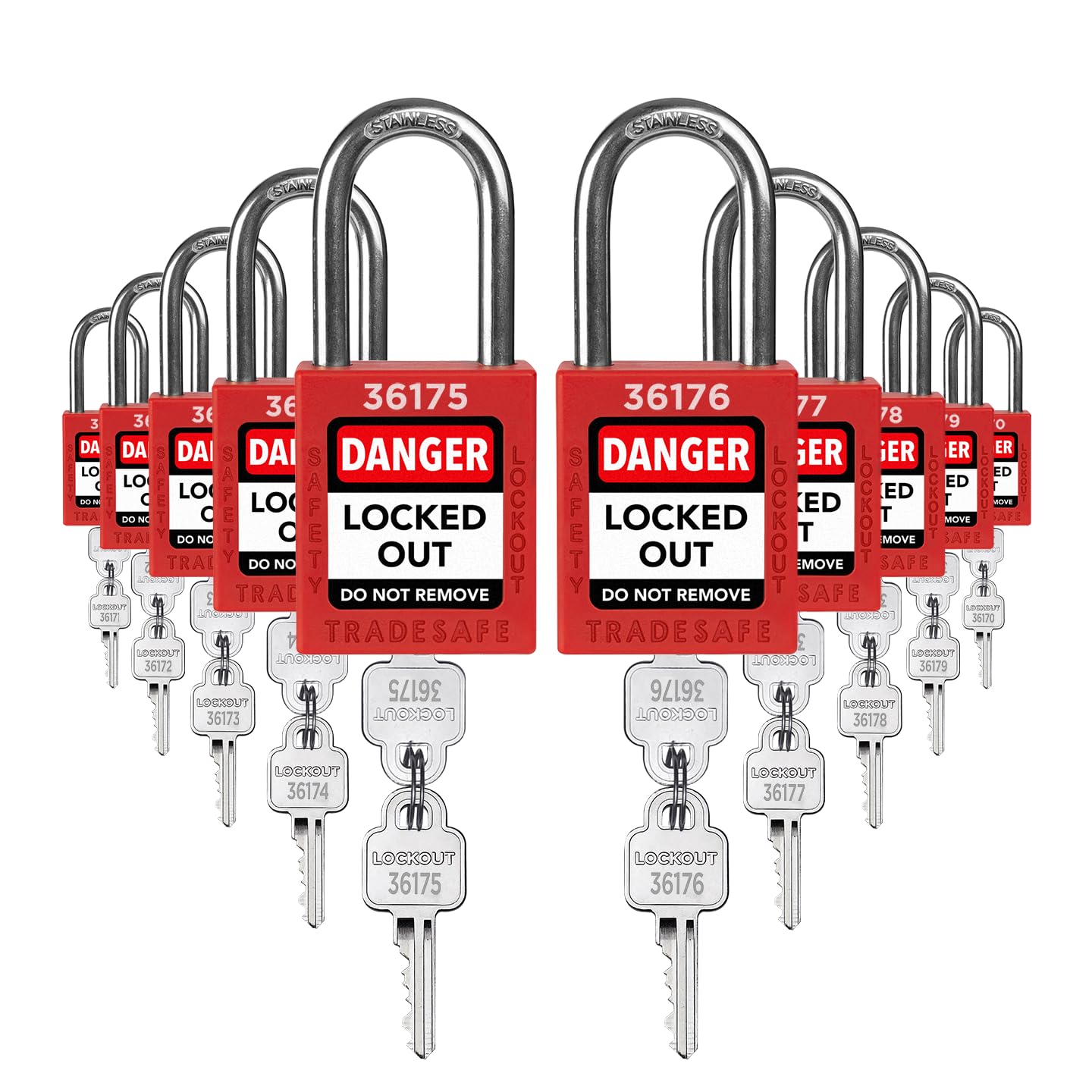 TRADESAFE Lockout Tagout Locks Set - 10 Red Safety Padlocks