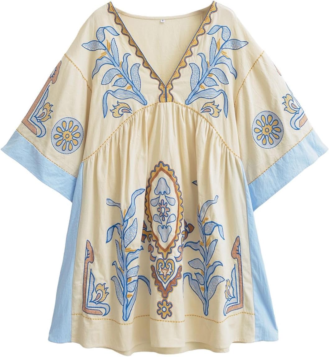 Womens Oversized Embroidered Dress with V-Neck and 3/4 Sleeves
