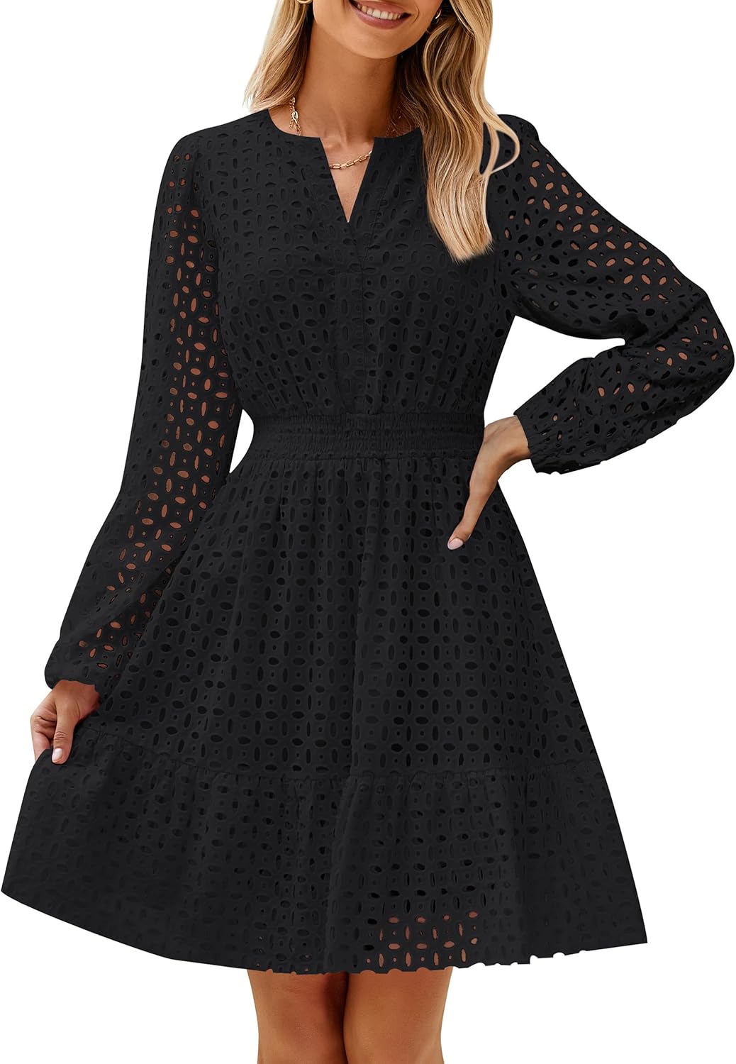 ZESICA Women's Long Sleeve Mini Dress with Eyelet Embroidery