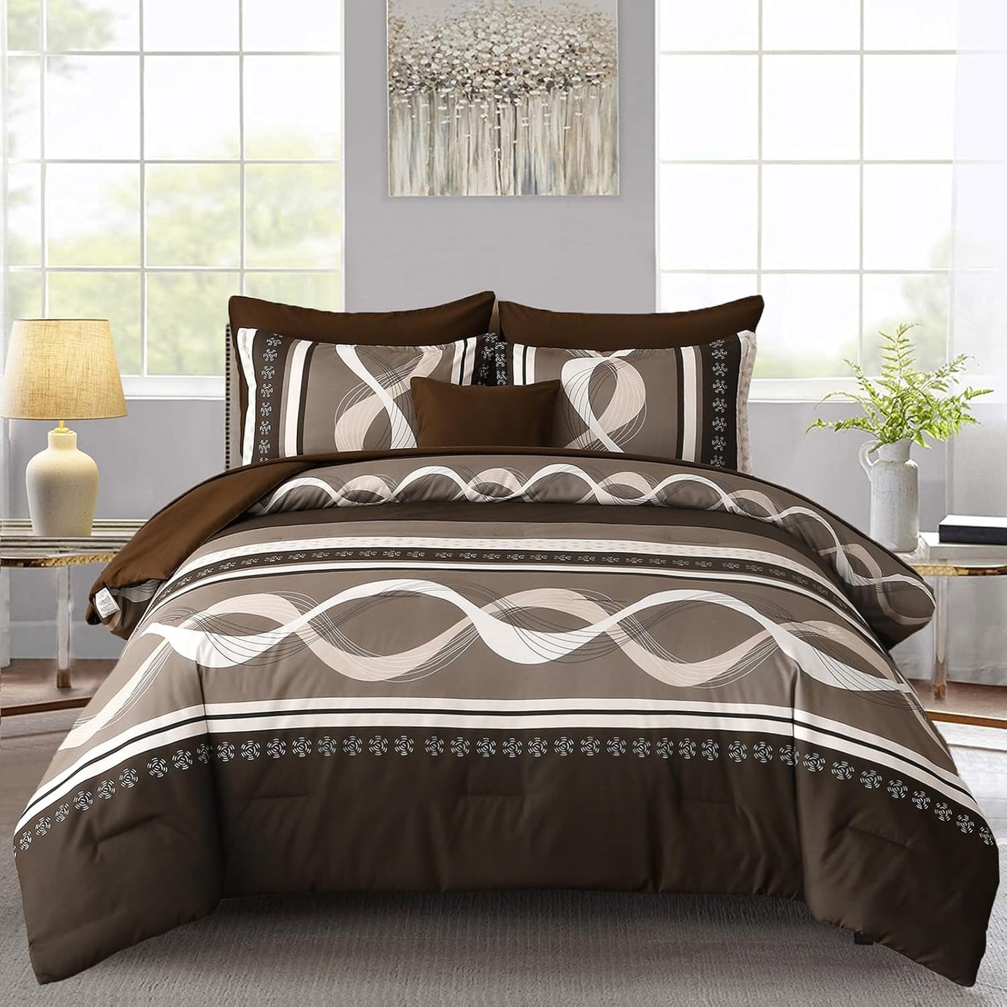Brown Comforter Set Queen Size, 8 Pieces Soft Microfiber Bedding