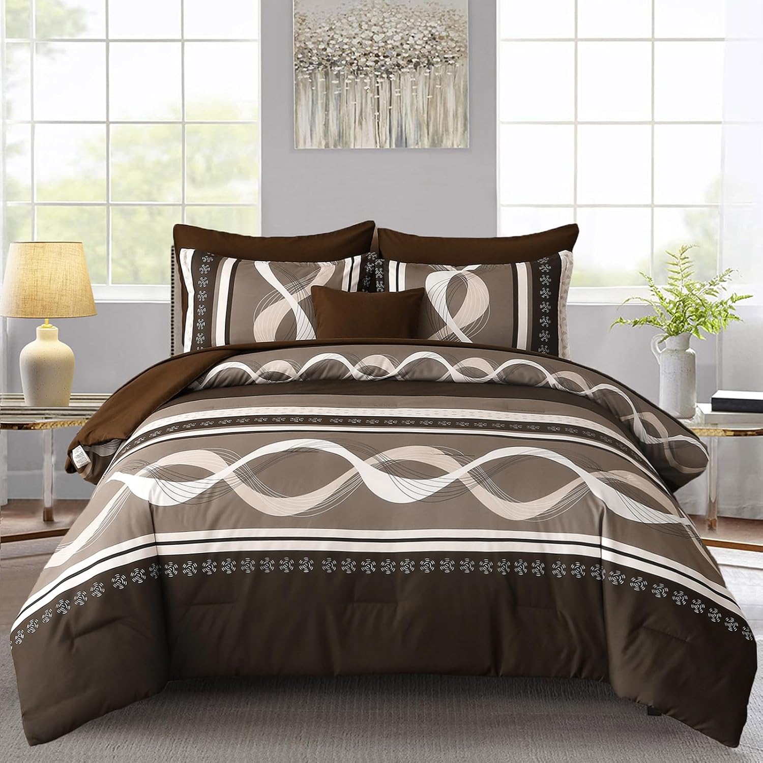 Brown Comforter Set Queen Size, 8 Pieces Soft Microfiber Bedding