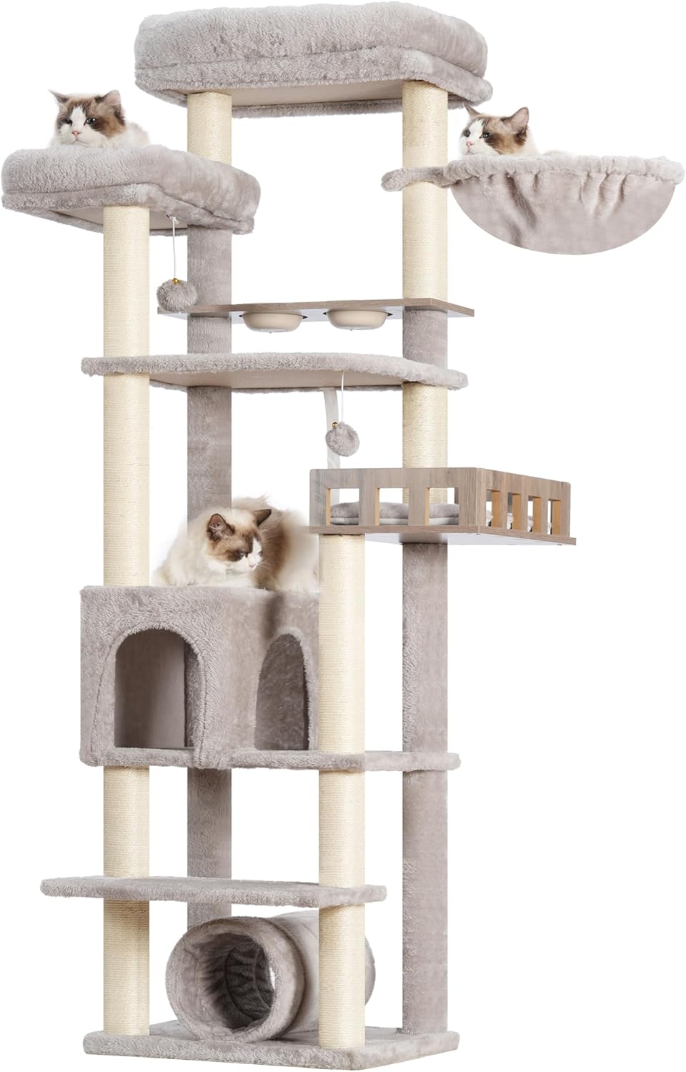 Cat Tree with Tunnel and Condo for Indoor Cats - Light Gray